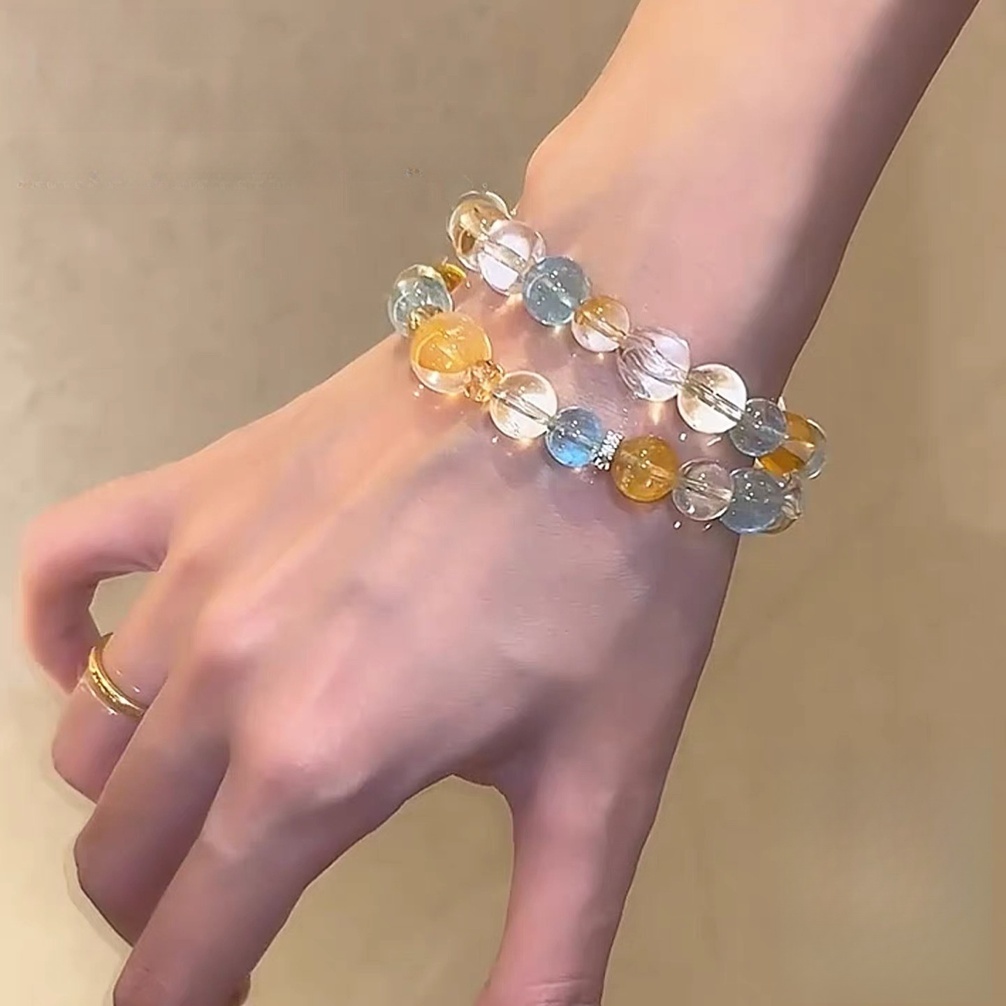 Yellow Agate & Aquamarine Bracelet, Minimalist Design