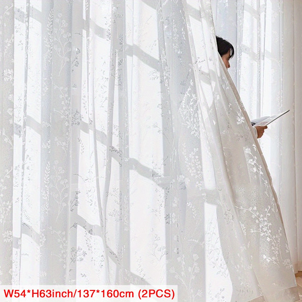 TEMU 2pcs Window Curtains - Elegant Floral Sheer Window Drapes With Rod Pocket, Light Filtering Privacy Window Treatments For Living Room, Bedroom,