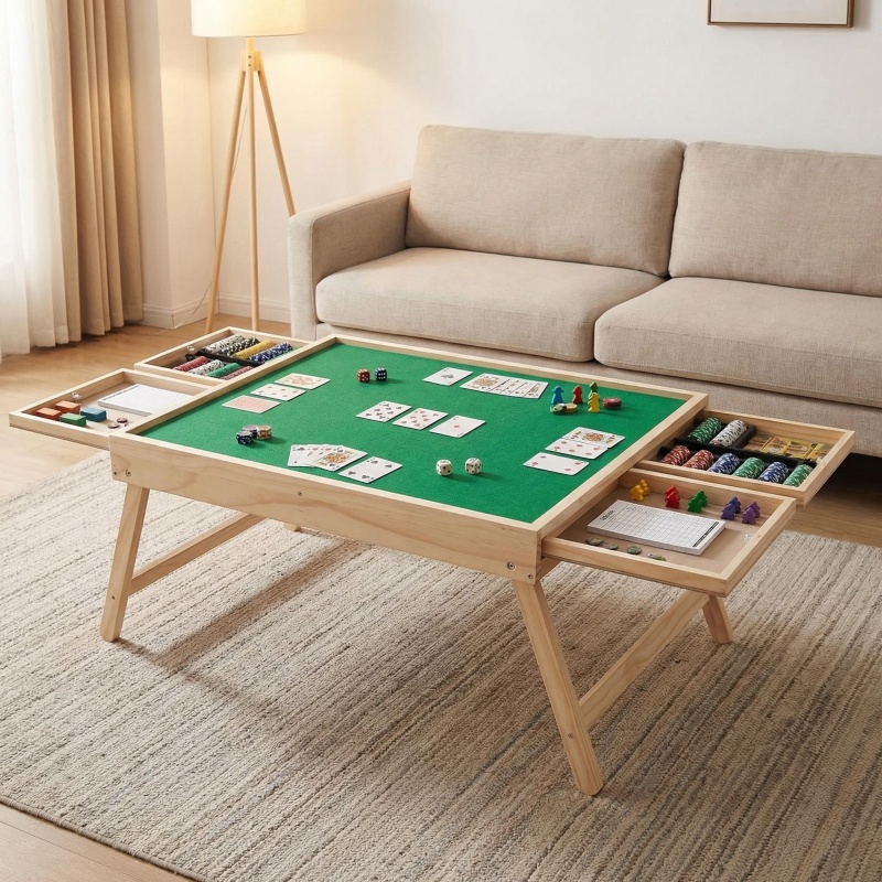 This Multifunctional Game Table Is Foldable And Features Drawer Storage Compartments. The Non-Slip, Integrated Storage Design Is Perfect for Puzzles, Board Games, And Camping - Combining Entertainment, Office Work, And Storage
