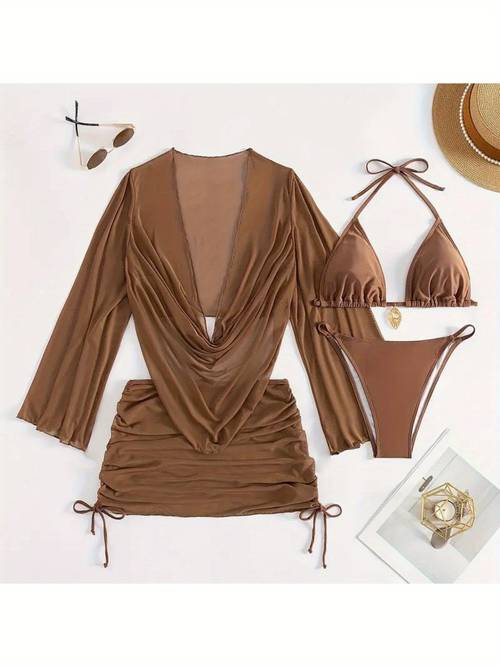 4pcs sheer mesh sexy swimwear set tie front bikini with matching cover up sarong