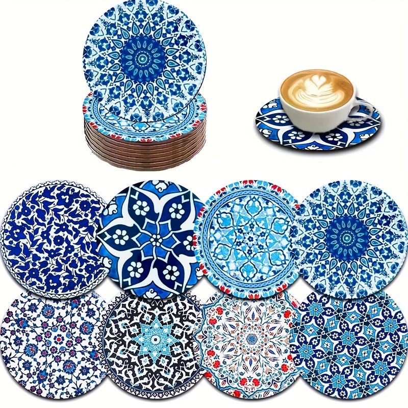 TEMU 8pcs Unique Coaster Set, Persian, Turkish, Moroccan Mandala Pattern, Printed Wooden Coaster Set, Suitable Car, Tea, Coffee, And Beverage Mugs,