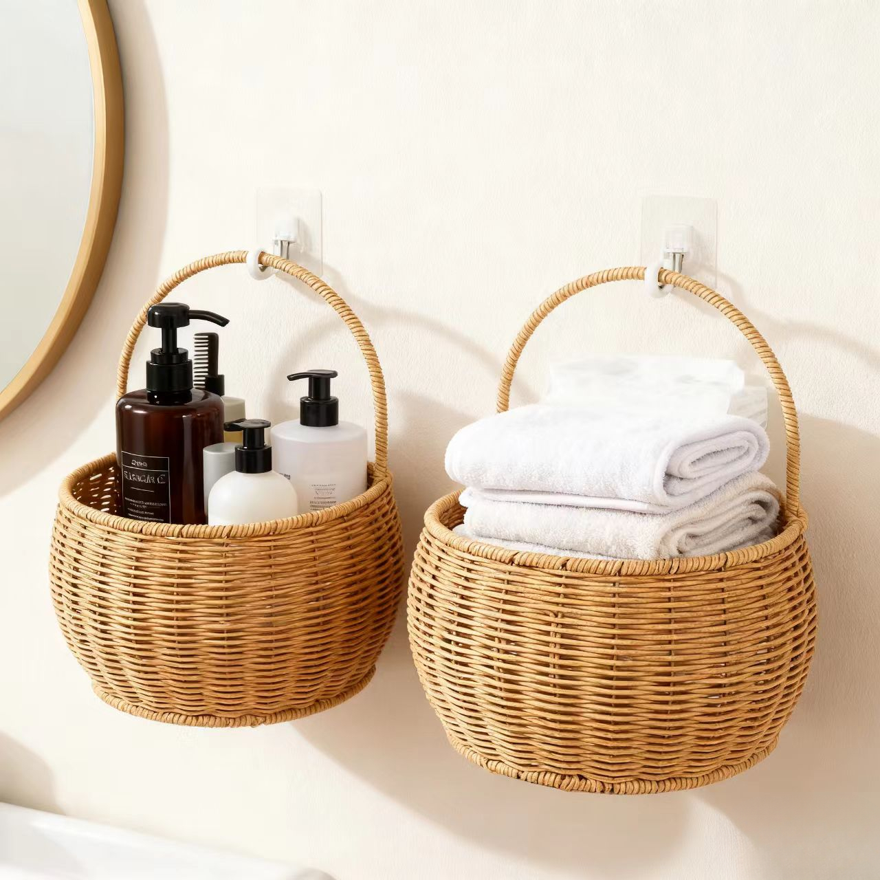 2 handgefertigte Aufbewahrungsregale in Rattan-Optik zum Flechten für Küchen-, Badezimmer- Toiletten-Dekor, wandmontierte Dekoration, Aufbewahrungskorb, Kultivierständer, moderner multifunktionaler
