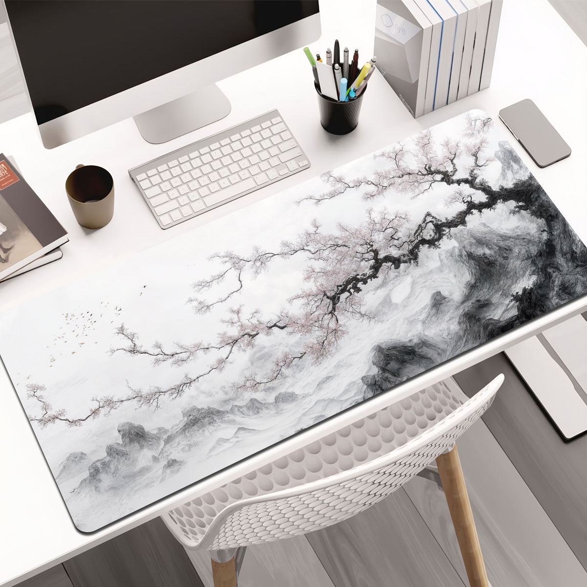 TEMU 1pc Extended Gaming Mouse Pad And Pc Desktop Keyboard Pad - Mountains And Tree Pattern - Laptop Protective Pad Desk Mat - Durable Non-slip Base