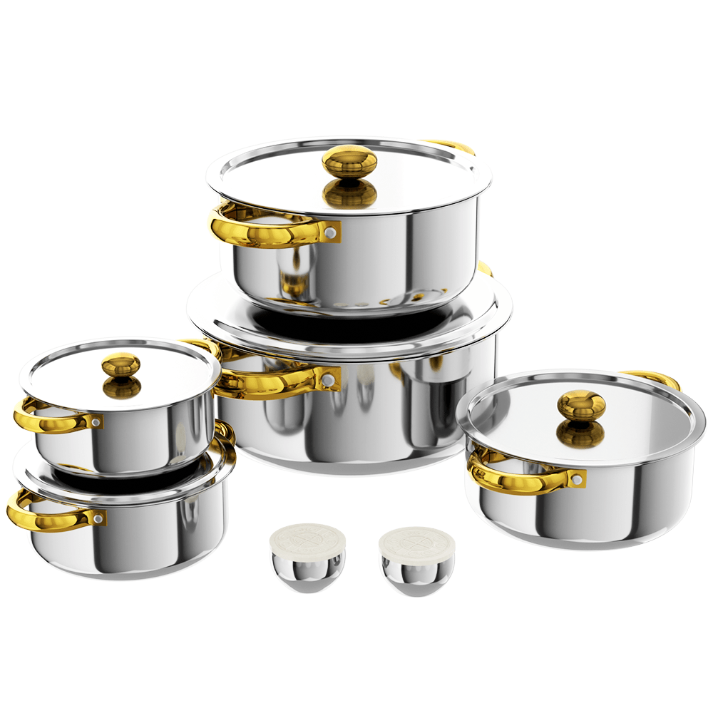 TEMU Stainless Steel Outdoor Cookware Set, Multi-specification Kit With Golden Handles And Lid, Heavy-duty Rust-resistant Pots, Universal For All