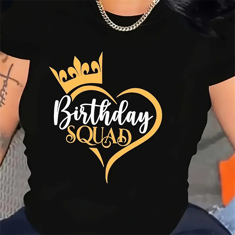 

Women's Birthday Squad Floral Crown T-shirt, Polyester 95% Spandex 5% Short Sleeve Crew Neck Casual Top, Slight Stretch Knit Fabric, Regular Length, Street Hip-hop Fashion Tee