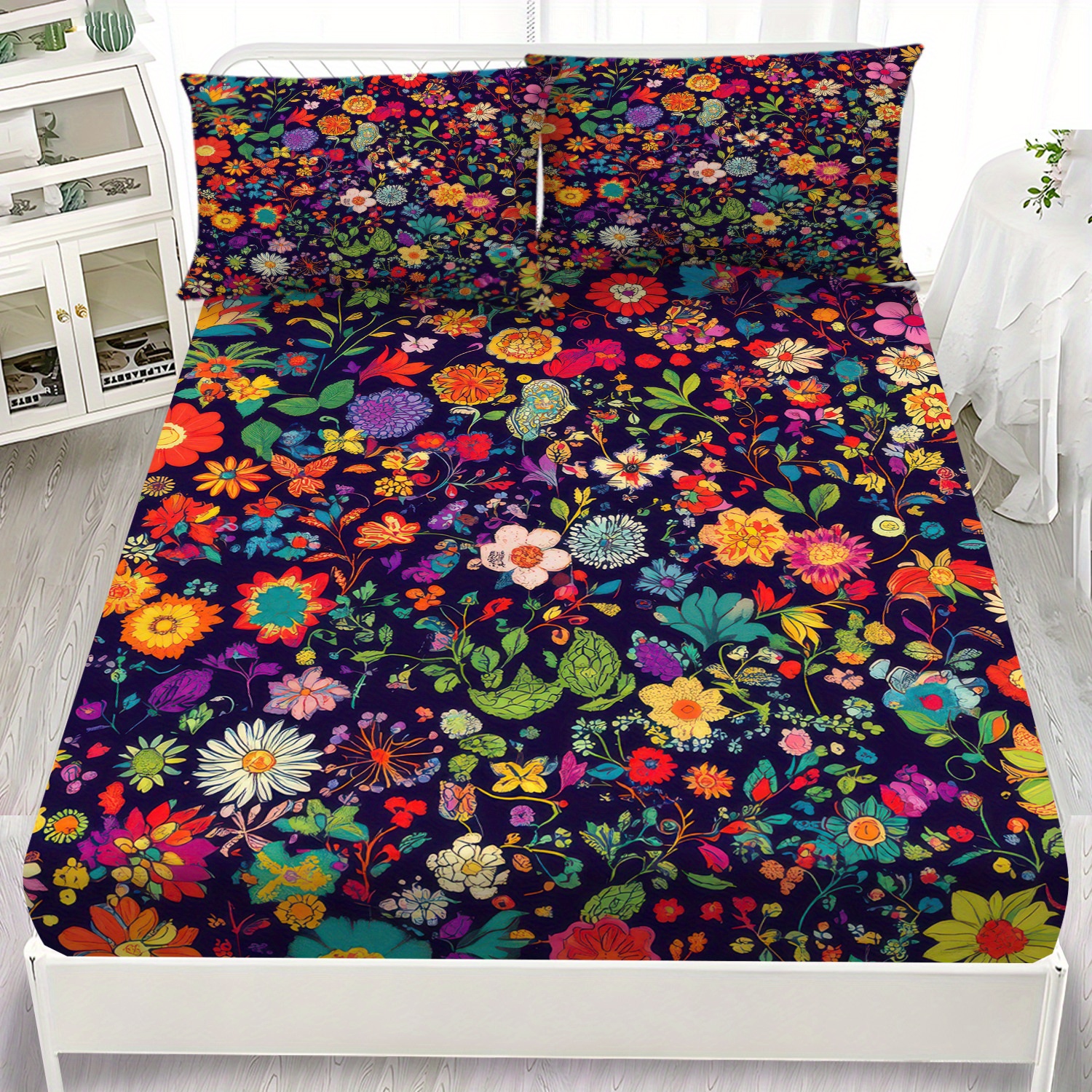 TEMU Latacaca 3pcs Bohemian Floral Fitted Sheet Set, 1 Fitted Sheet + 2 Pillowcases, Displaying A Diverse And Vivid Pattern Of Multicolored Flowers On A Dark Background, Soft And Machine Washable