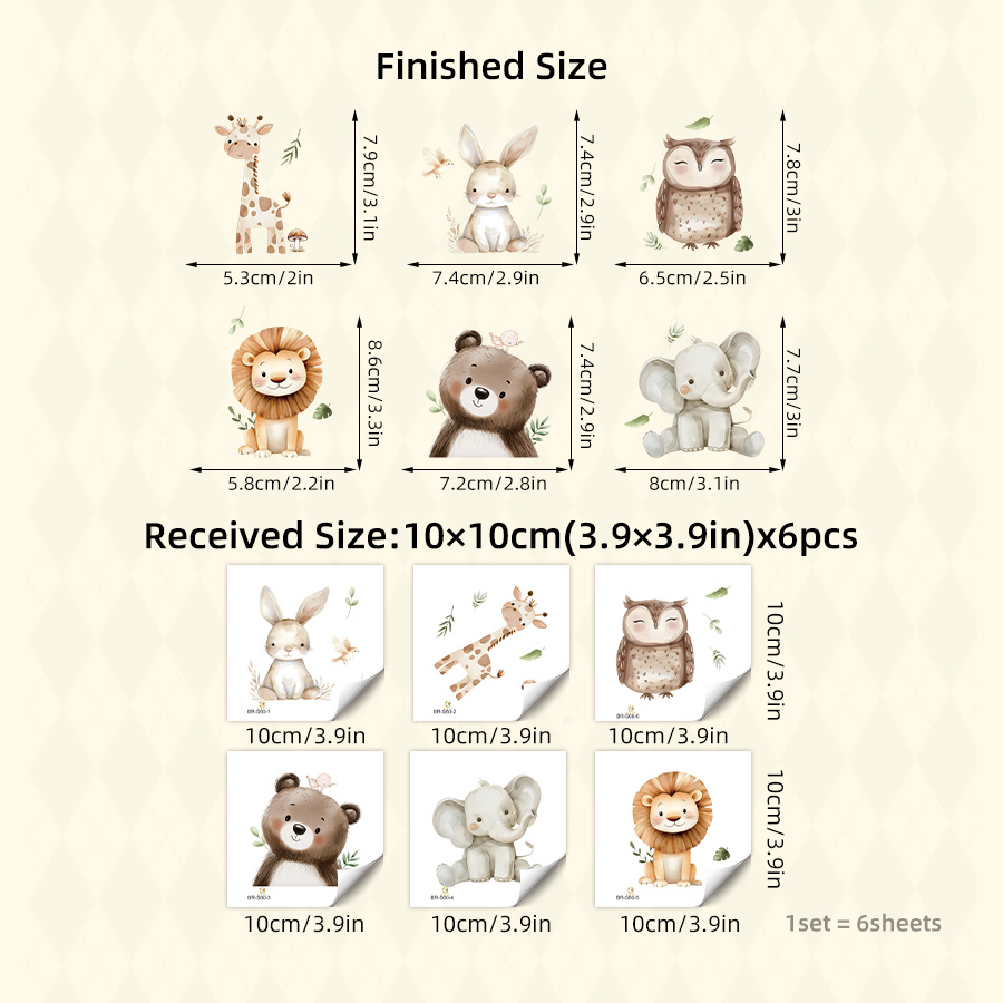 6pcs Brup Cute Cartoon Animal Wall Stickers Kids Nursery Bedroom Playroom Removable Giraffe Rabbit Owl Lion Bear Elephant Decor