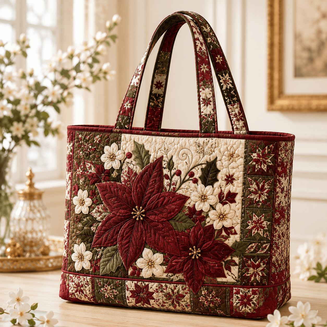 Image of 17*15inchquilted Duffle Bag For Women With Red Poinsettia Flowers, And Olive Green .
