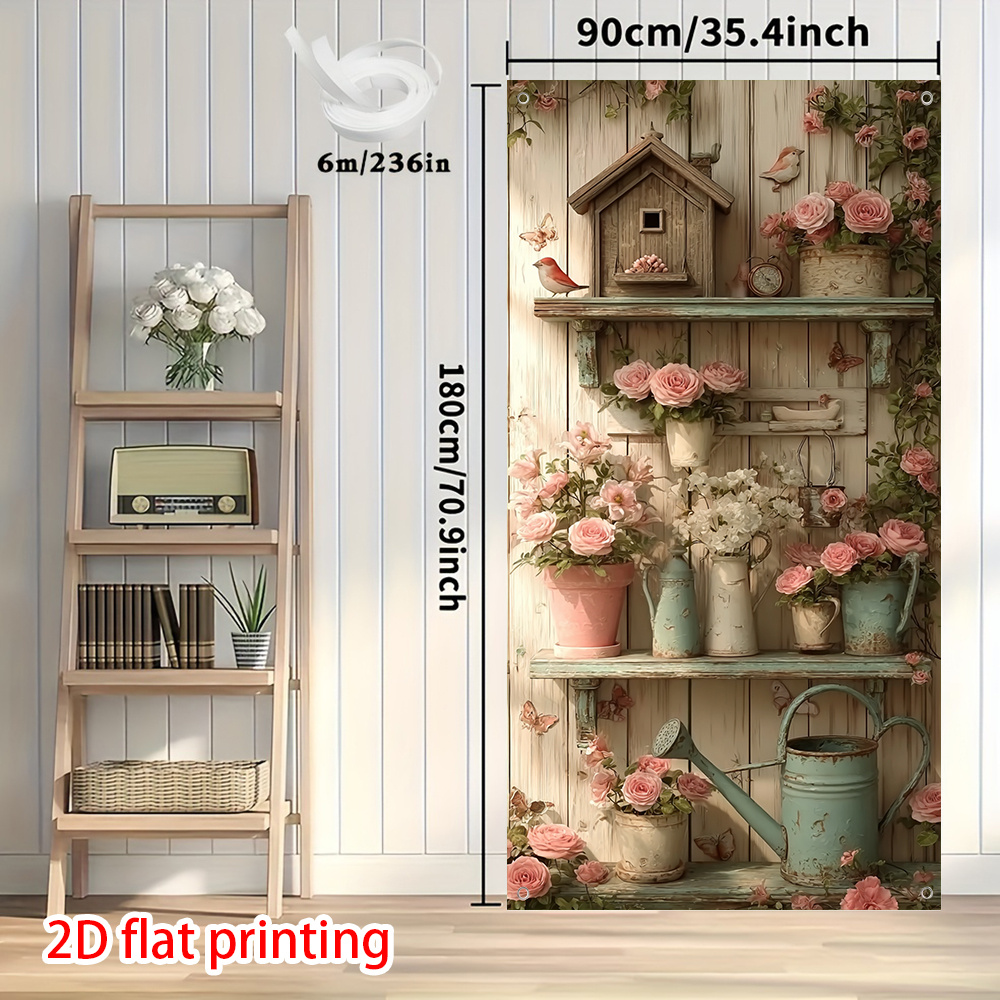 E-shop 2D Flach, 2D Türbanner, 1 Stück Rustikaler Bauernhaus-Türbanner mit rosa Rosen, weißem Lattenzaun & Vogelhäusern - Pastellrosa & Grün (Keine