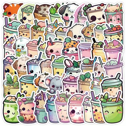 50pcs kawaii animal milk tea stickers cute aesthetics doodle cartoon decals for halloween christmas decoration for suitcase water bottle laptop skateboard luggage party gift self paper material