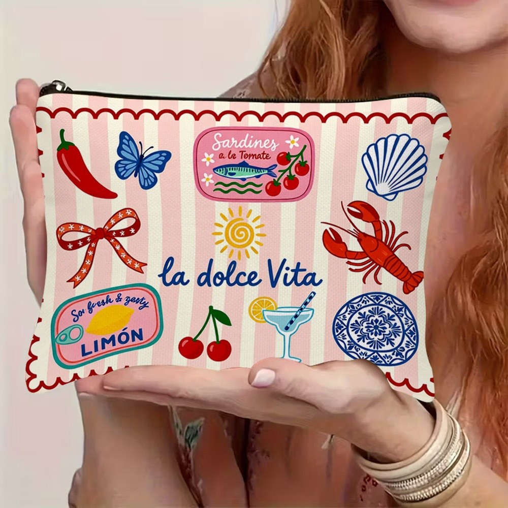 TEMU 1pc 2d Flat - Printed Mediterranean "la Vita" - Themed Cosmetic Bag, With Vibrant Whimsical Prints Of Chili Pepper, , Lobster, Lemon, Cherries &