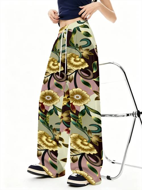 pantaloni vintage pentru femei cu tăietură largă în stil chinezesc - pantaloni cu talie înaltă și elastic, imprimeu floral și frunze verzi, croi larg și drept, potriviți pentru îmbrăcăminte casual, ținute tradiționale, stil , spălabil în mașină