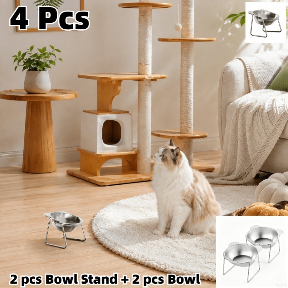TEMU 4pcs Stainless Steel Cat Feeding And Water Bowl Set (2pcs Stands And 2pcs Bowls) - Adjustable Height, Spill-proof Wide Base, Easy-,
