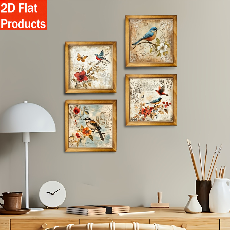 TEMU 2d Flat Printing, 4pcs Wooden, Retro Style Wall Art - Elegant Floral And Bird Patterns, Suitable For Bedroom, Living Room, Or Office Decor