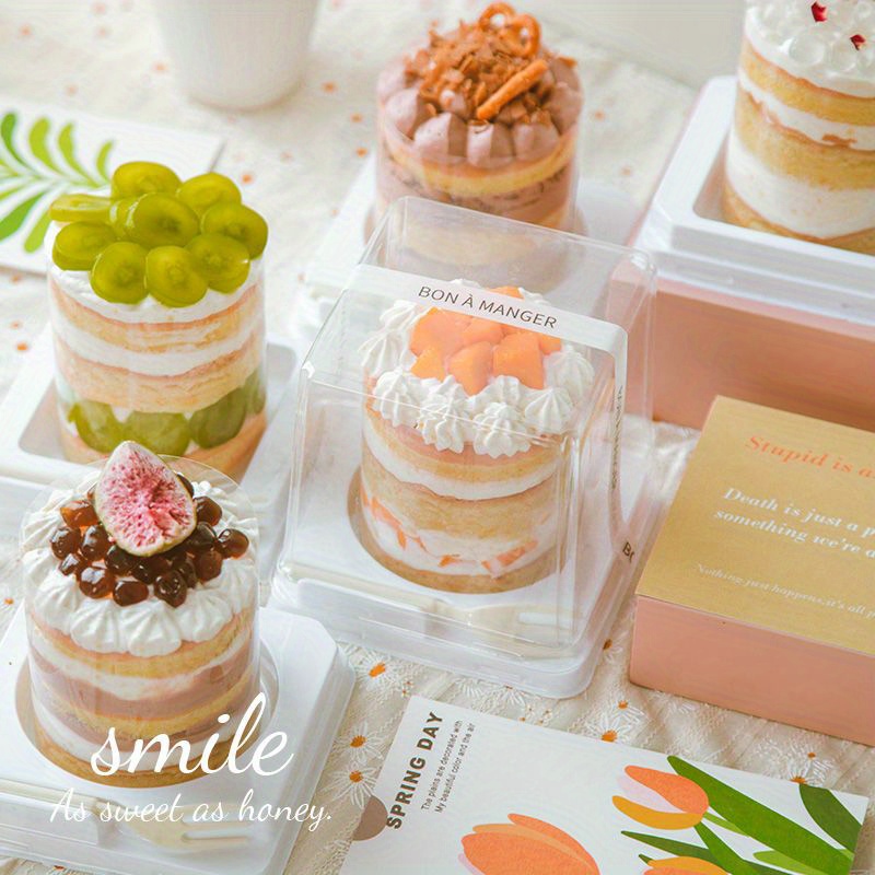 5/10pcs Little Rectangle Box Tiramisu Box Mousse Cake Box Paper Cardboard And Transparent Plastic Insert Box Disposable Dessert Packaging Box Bakery Take Out Container, For * For Chocolates, Rectangle