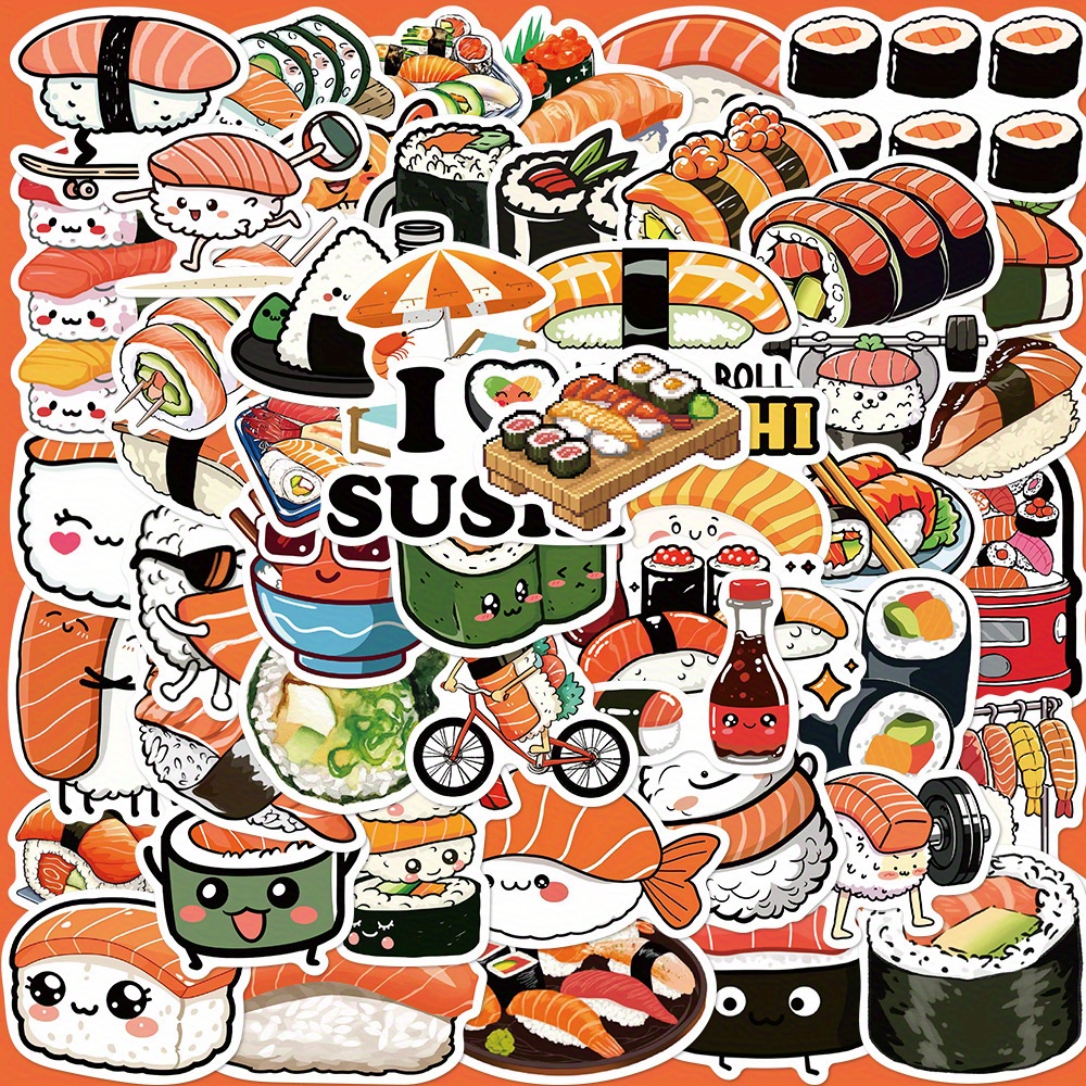 50pcs Japanese Sushi Stickers Vintage Cute Aesthetics Stickers Ins Doodle Cartoon Deacls Pack Christmas Decoration Adults Suitcase Bottle Diy Laptop Skateboard Luggage Party Gift
