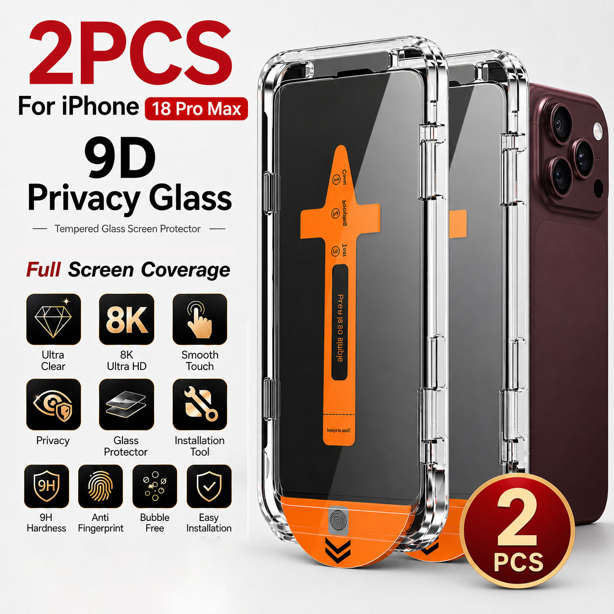 TEMU 2 films de verre trempé anti-espion à alignement automatique et couverture complète, adaptés pour iPhone 18 Pro Max/18 Pro, autocollant d'aide à