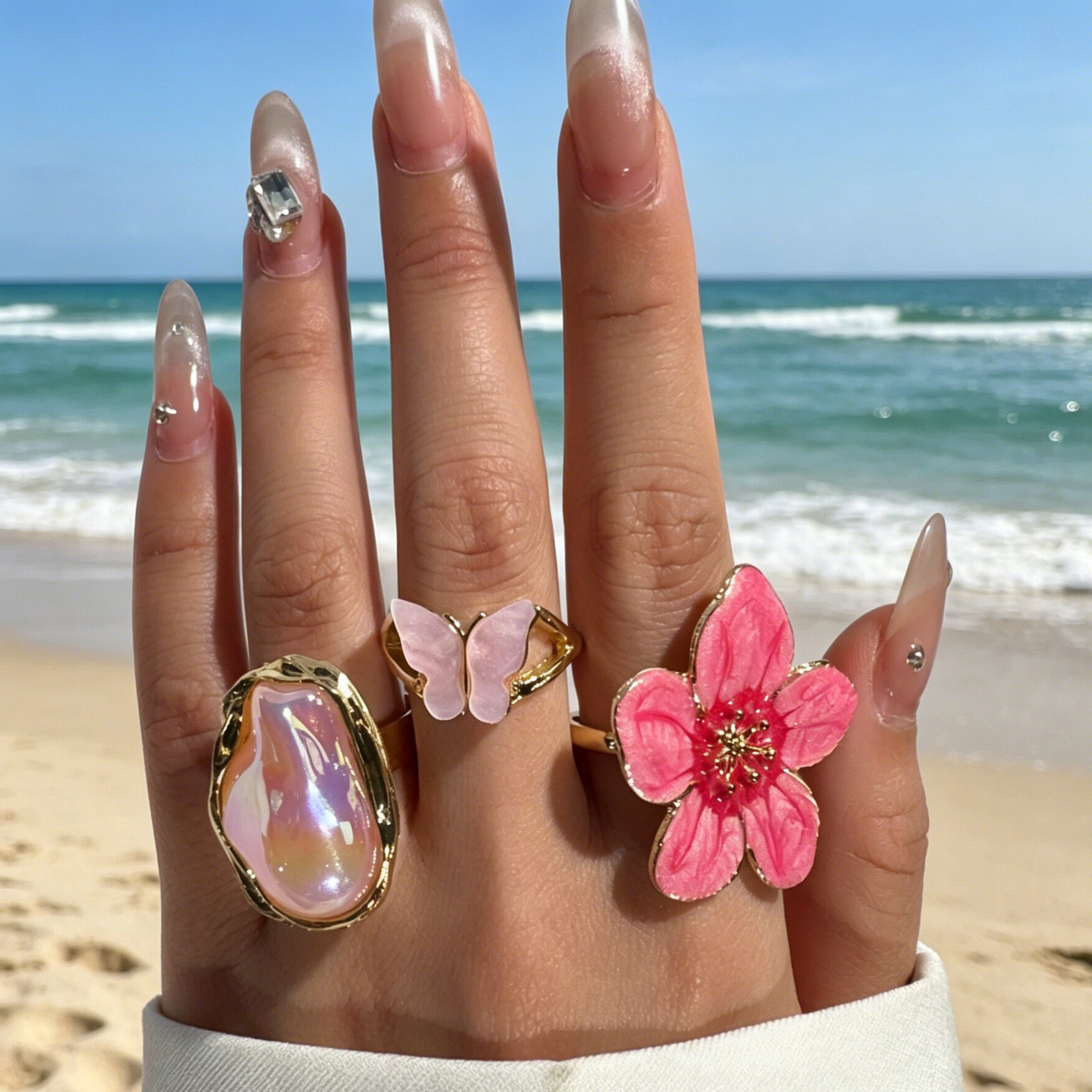 TEMU Parure de 3 bagues empilables bohèmes élégantes avec pendentif fleur à pétales rose et papillon factice de unique pour femme, pour un usage ,