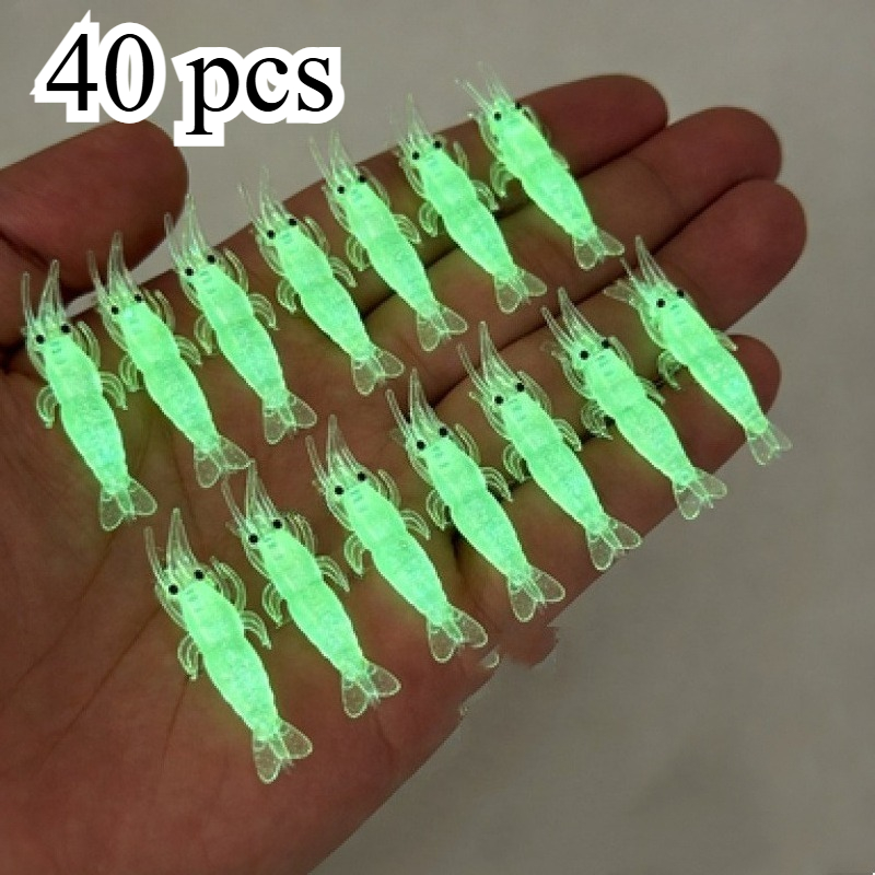 TEMU 40pcs Glow Shrimp Lures, Realistic Freshwater And Saltwater Shrimp Hooks, Ideal For Night Fishing, , Trout, Carp, Catfish, And