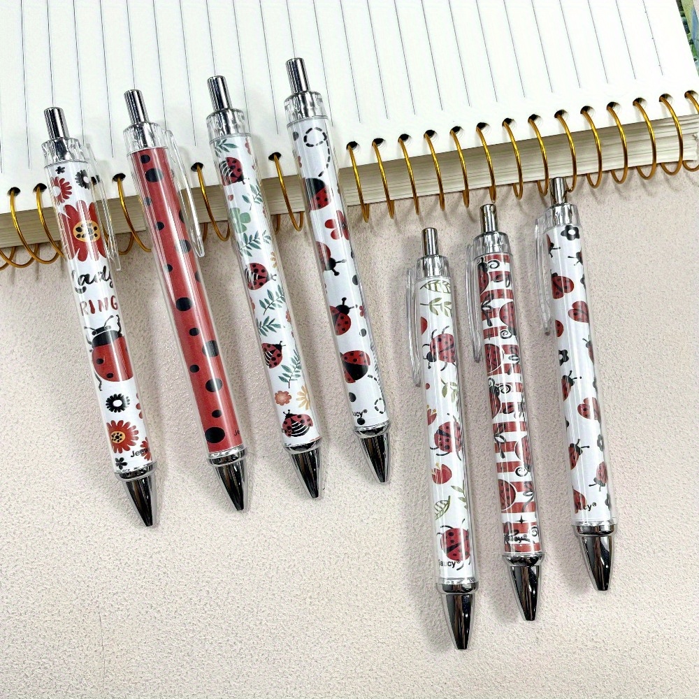 7pcs creative red cartoon ladybug ballpoint pen set with retractable design, black ink writing pens for teachers and office supplies, back-to-school gift, unique insect party favor Product details 0