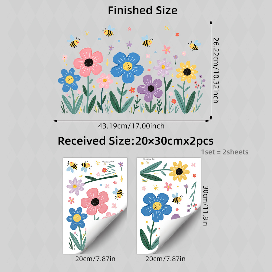 E-shop 2 Blätter/Set Cartoon-Blumen-Fensterfolie, Fröhliche Blüten mit lächelnden Bienen, abziehbarer statischer Aufkleber für Wohnzimmer- oder