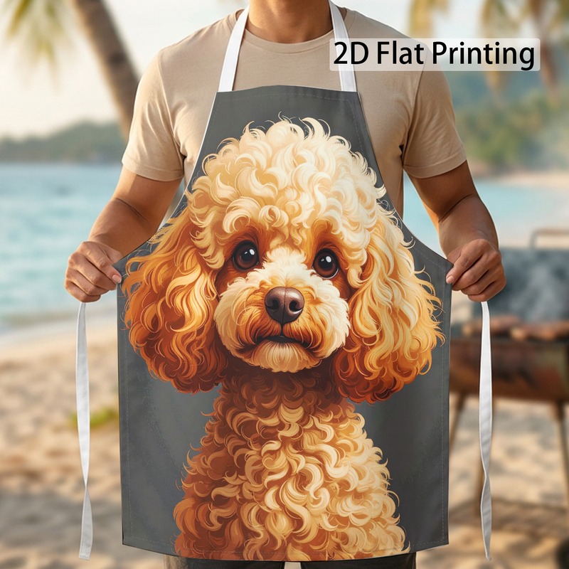 TEMU 2d Flat Printing 1pc Apron With Cartoon Art Fluffy Poodle Warm Charm Pattern Durable Easy Clean Unisex For Kitchen Cooking Service, 2d Flat