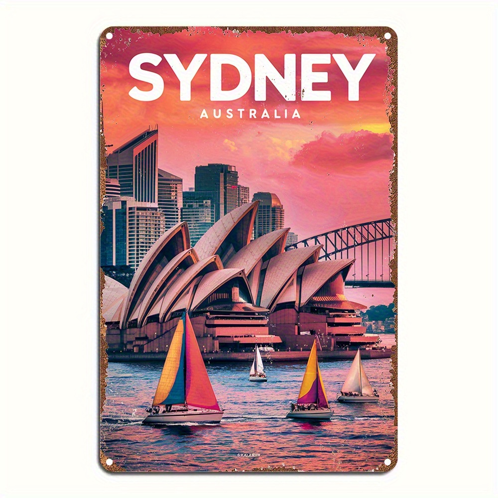 imagem do item placa decorativa, 1 unidade de metal vintage 12x8 polegadas (30x20cm) -     da   house e ponte   de sydney com design de barco à vela ao  , decoração durável para casa, bar, café ou garagem,   metal para parede