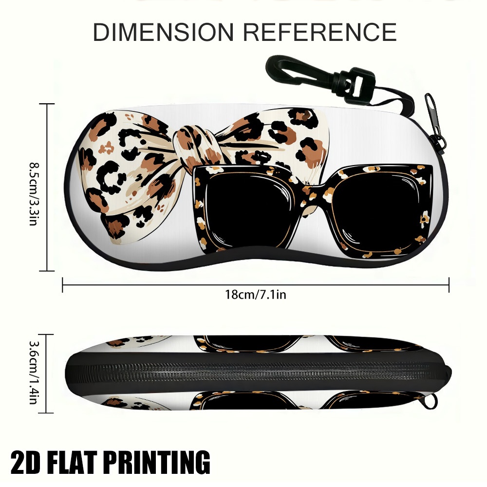 TEMU Étui à lunettes plat 2D, 1 pièce, à fermeture éclair, léopard et nœud, léger et durable, idéal pour les quotidiens et les week-ends, plat 2D