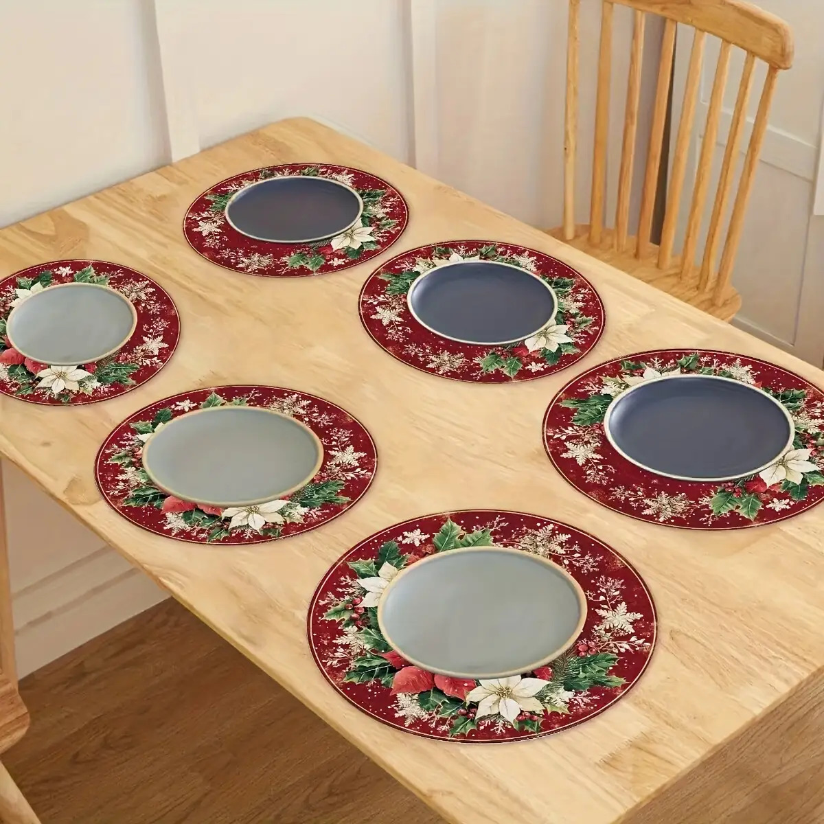 TEMU 6pcs Set Of 2d Flat Christmas Themed Wooden Placemats, Red Background Floral Pattern, Heat-resistant Durable Table Decoration- Perfect Gift,