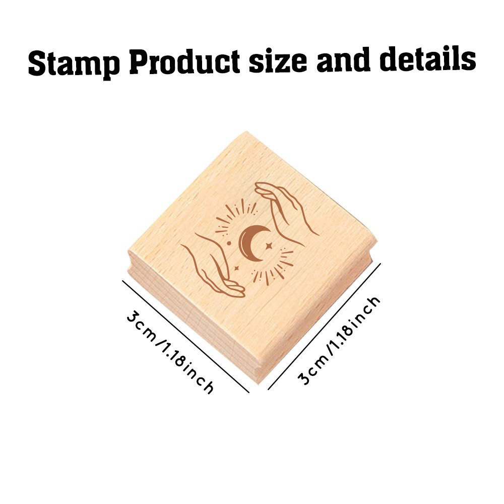 Vintage Natural Wood Rubber Stamp with Double Hands & Moon