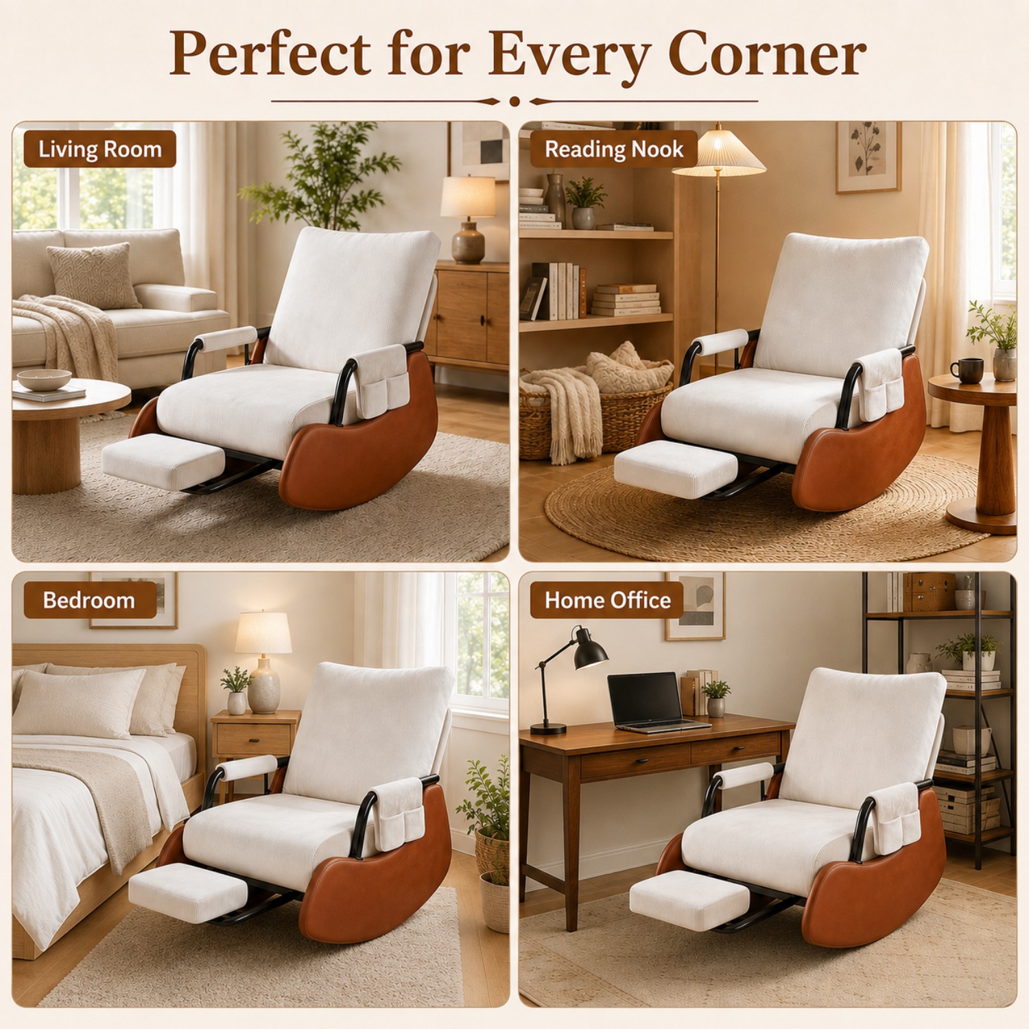 Image of Modern Rocking Chair For Adults With Retractable Footrest, High Back Lounge Rocker With Wide Seat And Side Storage Pockets For Living Room, Bedroom And Reading Room, Cream White