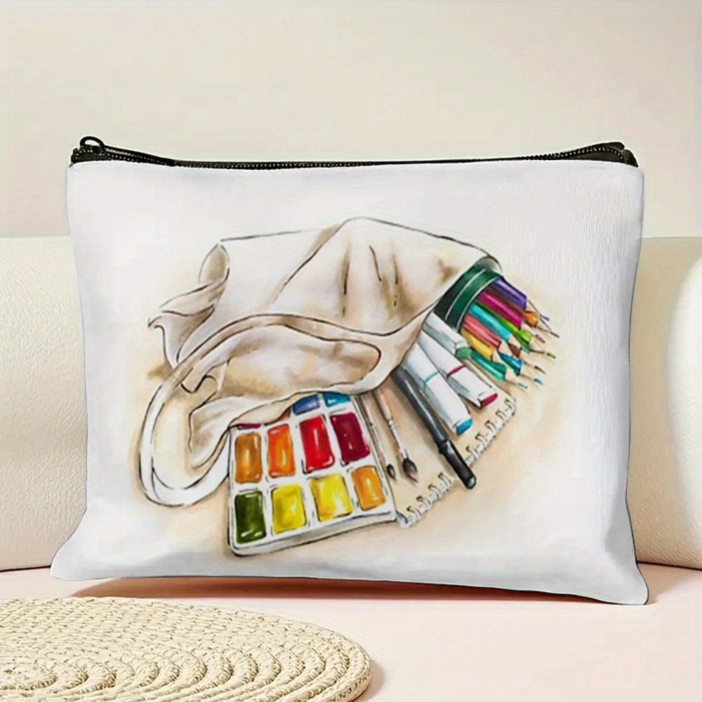 TEMU Hand-drawn Watercolor Painting Art Supplies Print For Cosmetic Bag, Artist Art Student Aesthetic Makeup Bag, Portable School Wash Bag, Large