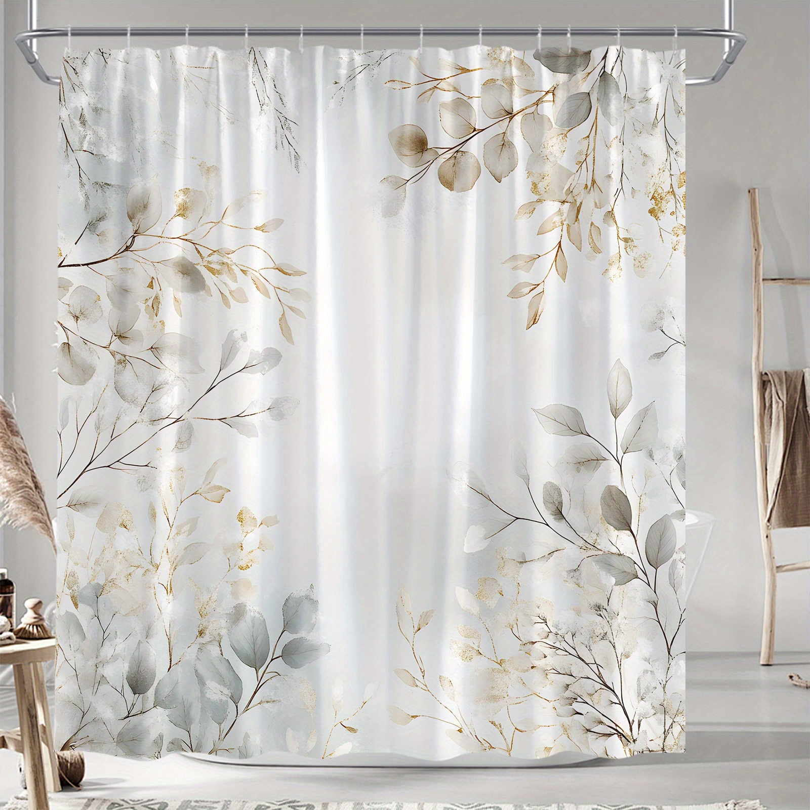 TEMU 1 rideau de douche et éthéré avec feuilles et branches aquarellées, gris doux, blanc et feuillage doré avec fond dégradé nuageux de rêve, 12