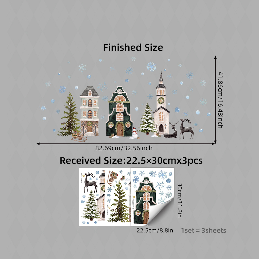 TEMU 3pcs Christmas Window Clings Static Decals, Nordic Christmas Village Houses Snowflakes Stickers, Reusable Removable Winter Snow Scenery Window