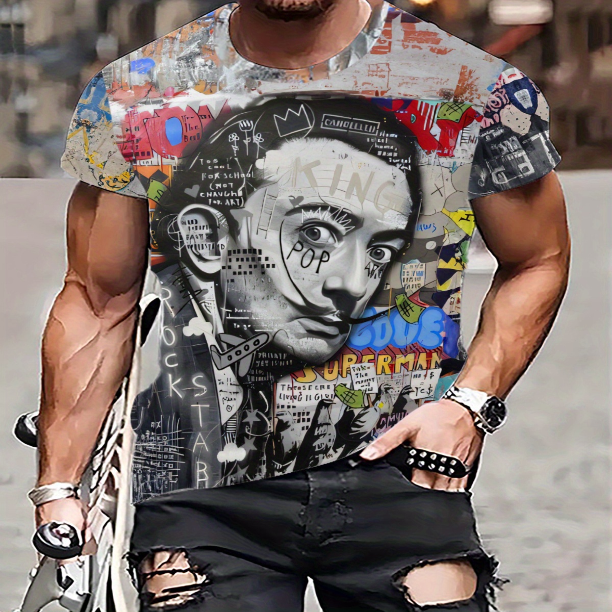 

1pc Men's Novelty Graffiti Print T-shirt, , Regular Fit, Polyester Fabric, Stretchy, Round Neck, Street Art Design Tee