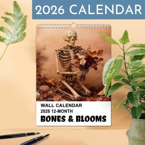 photo de l'article calendrier mural mensuel humoristique 2026, calendrier avec esthétique de , design gothique de crâne et de fleurs, parfait pour la décoration de et du bureau, le plus récent cadeau de calendrier