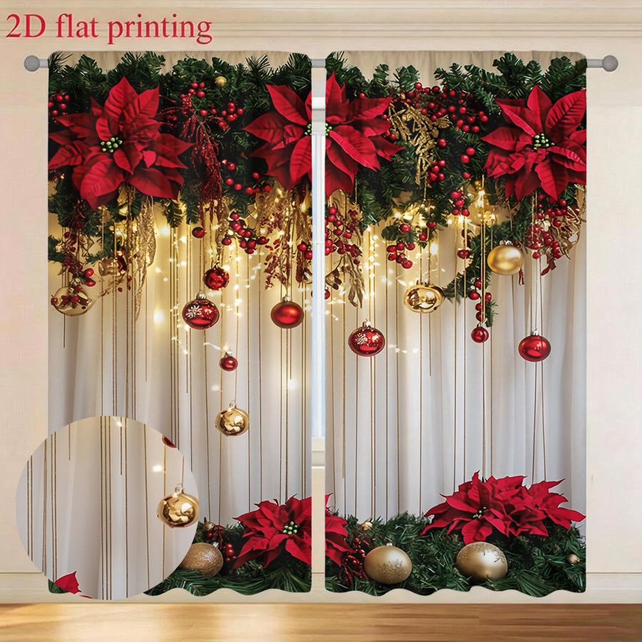 TEMU 2d Flat, 2pcs 2d Flat Printed Curtains, Polyester Material, Stylish Rod , Red Poinsettia And Christmas Ball Ornament Floral Curtains, Suitable