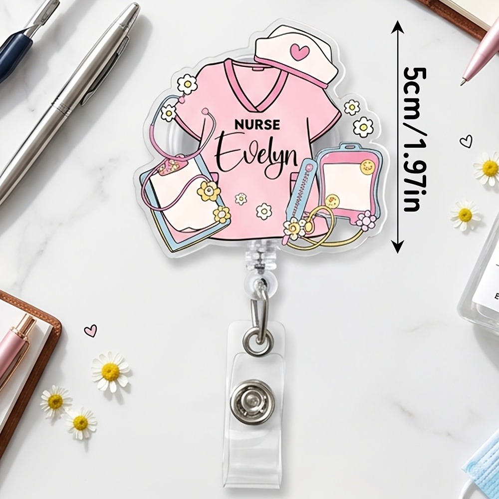 TEMU 2d 1pc 2d Flat Personalized Nurse Acrylic Retractable Badge Reel, Customizable Name, Cute Nurse Uniform Design, Retractable Badge Holder, Ideal