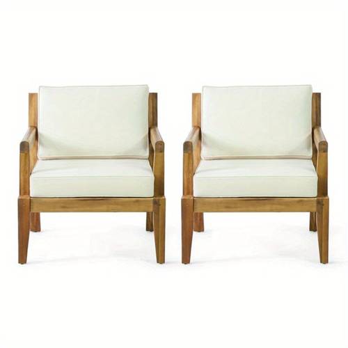 set of 2 outdoor acacia wood patio club chair patio furniture waterproof thick cushion deep seating for porch garden backyard balcony teak beige cushion