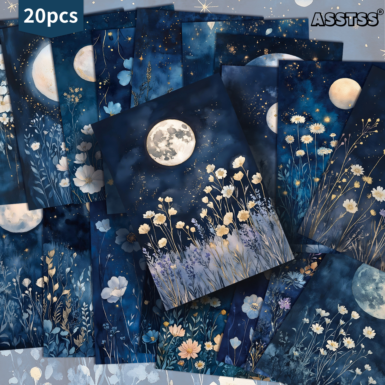 TEMU Confezione da 20 cartoline ASSTSS foresta notturna blu, luna e fiori - 4x6 pollici, carta per diari creativi, materiali per scrapbooking, carte
