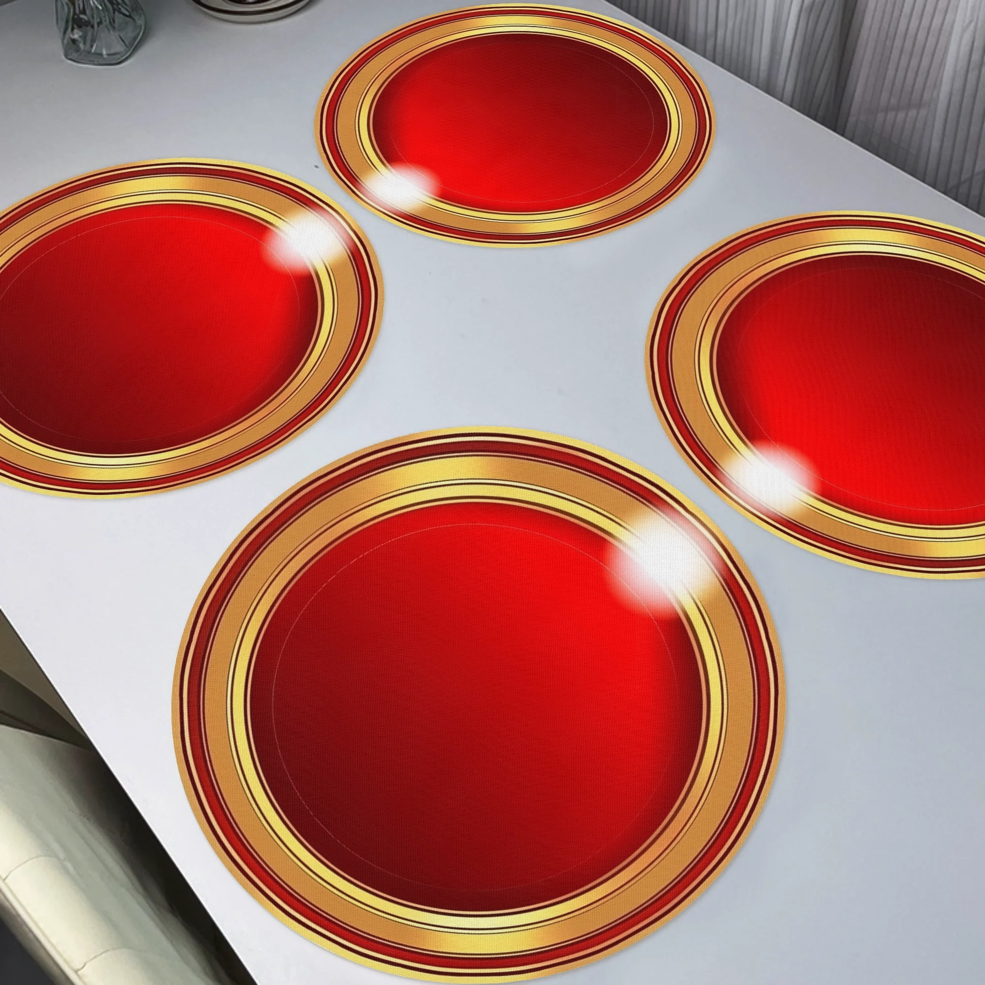 TEMU 4-pack Red And Golden Polyester Round Placemats, 15" Non-slip Washable Table Mats For Home, Kitchen, Banquet, And Party Dining Decor
