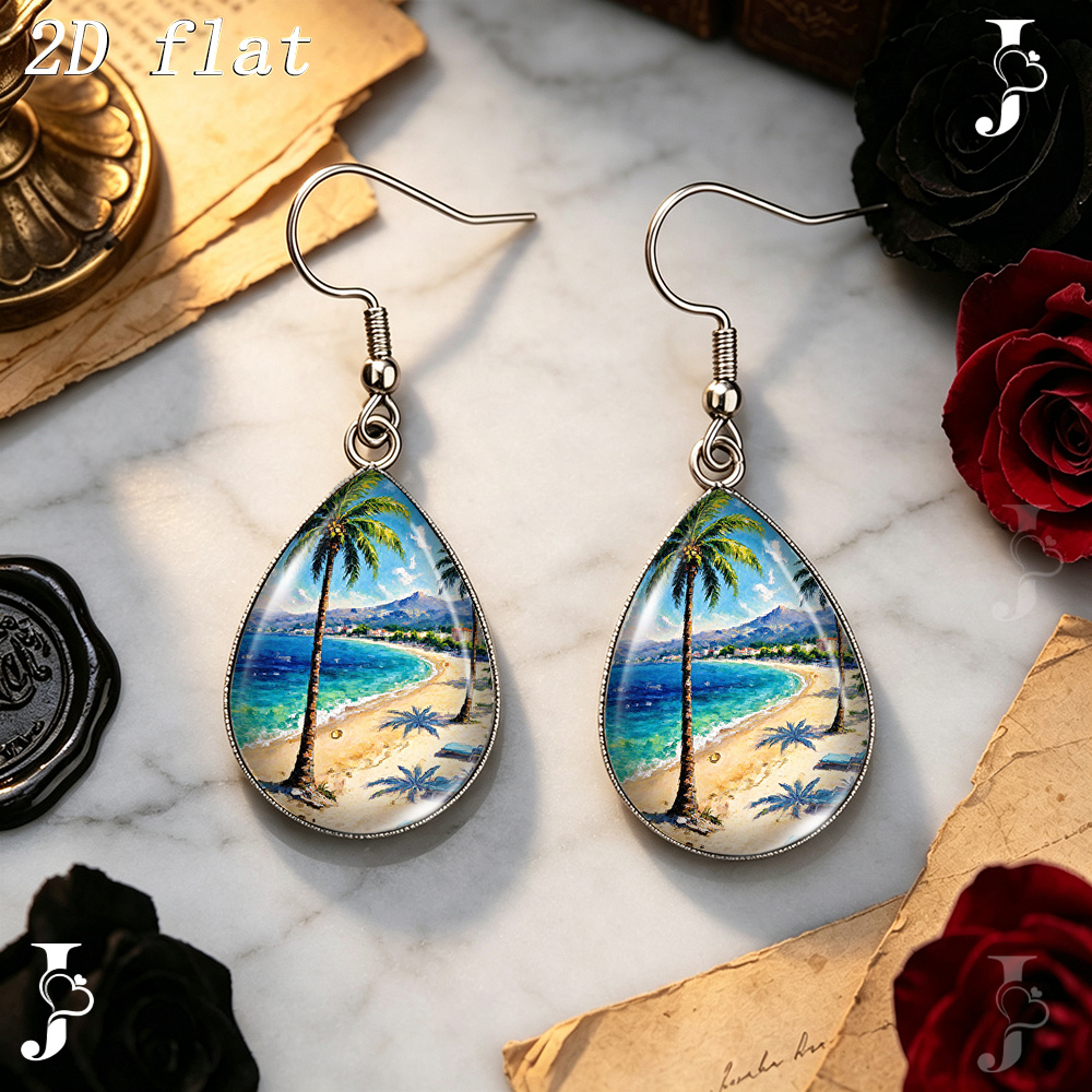 Teardrop Dangle Earrings with Beach Palm Tree Pattern