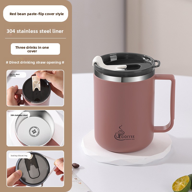 Mug 304 Stainless Steel Anti-fall With Lid Stainless Steel Cup, Double Layer, Milk Cup, Coffee Cup, Office Cup With Handle, Tea Infuser