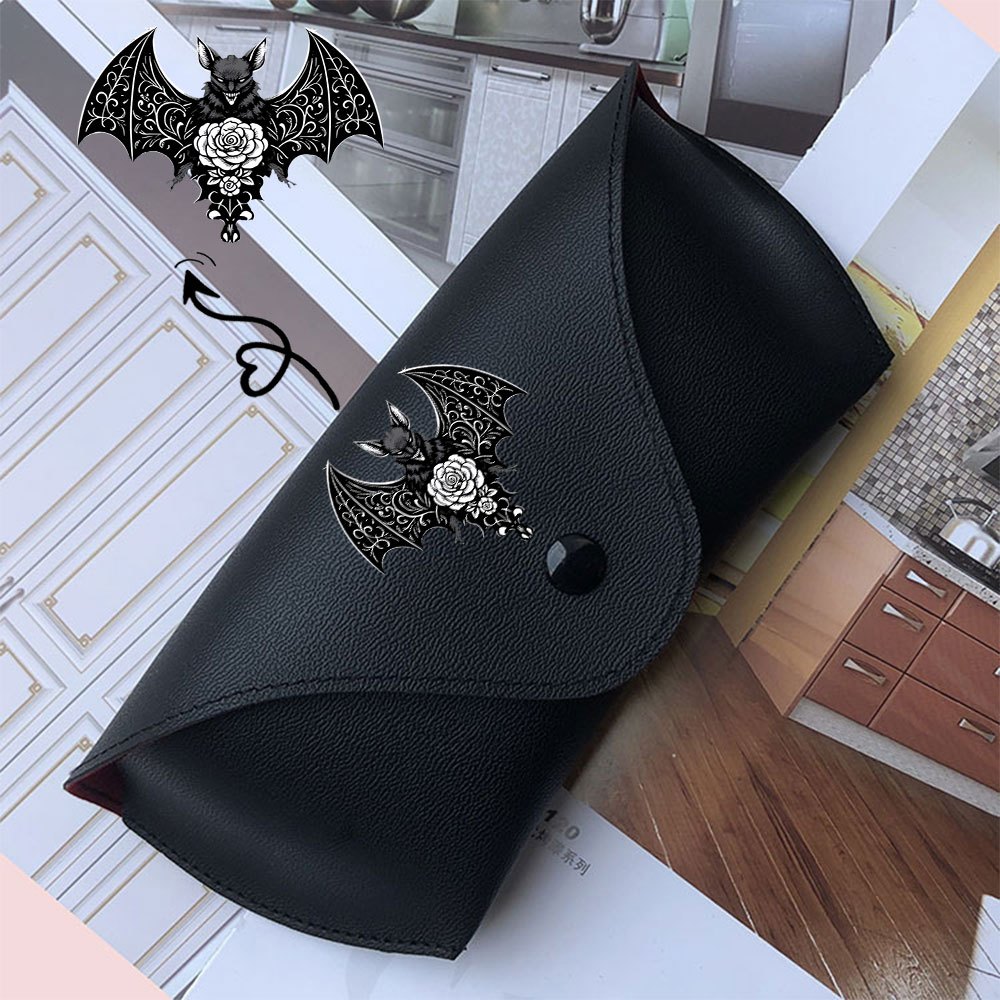 TEMU 1pc Gothic Bat Rose Print Button Pu Glasses Storage Box, Portable Snap Closure Eyeglass Pouch, Lightweight Carry Case For Daily Use