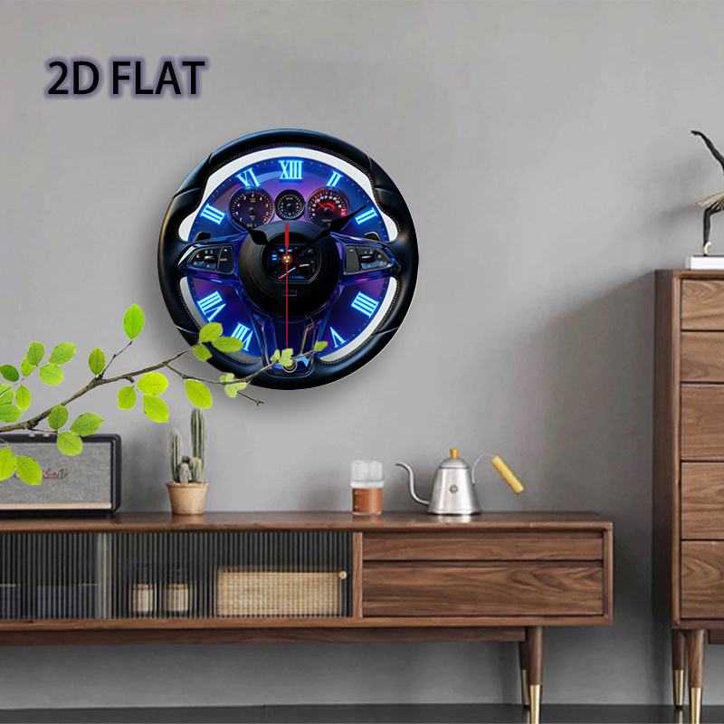 TEMU 2d Flat. 1pc. Car Steering Wheel Themed Wall Clock, Silent Decorative Clock, Clock, Suitable For Decorating Bedrooms, Living Rooms, And Offices,