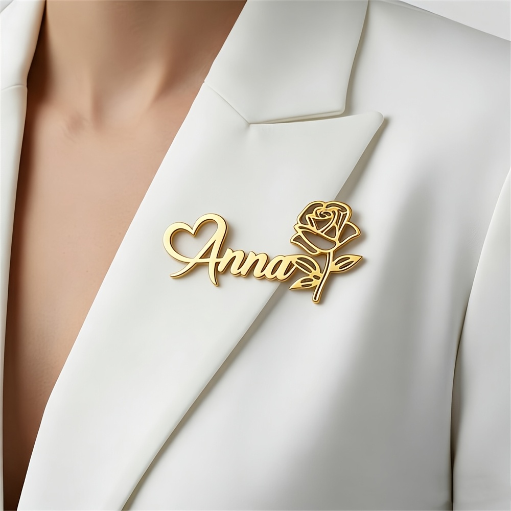 TEMU Custom Stainless -style Letter Name Romantic Rose Brooch, Exquisite, Elegant, Stylish, And Romantic. A Perfect Gift For Mothers And Wives To