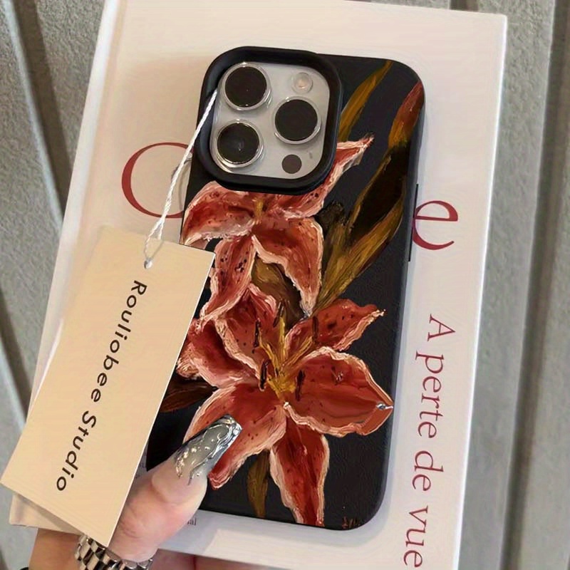 TEMU Oil Painting Of Pink Lilies Design Phone Case, Suitable For Iphone 11 12 13 Pro 16e Xr X Xs Max Shockproof Soft Cover