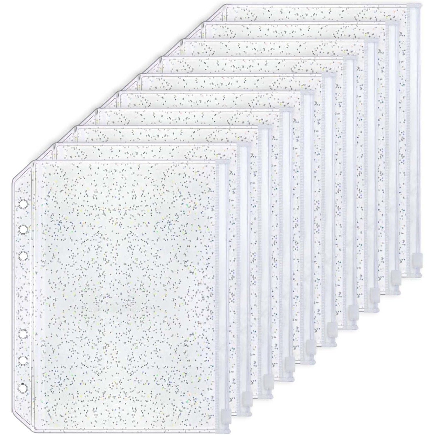 TEMU 6pcs Shiny Transparent Zipper Binder Pockets, 6-hole Design, A5 Size, Ideal For Travel Notebooks And Cards, Office Supplies Durable Pvc Material