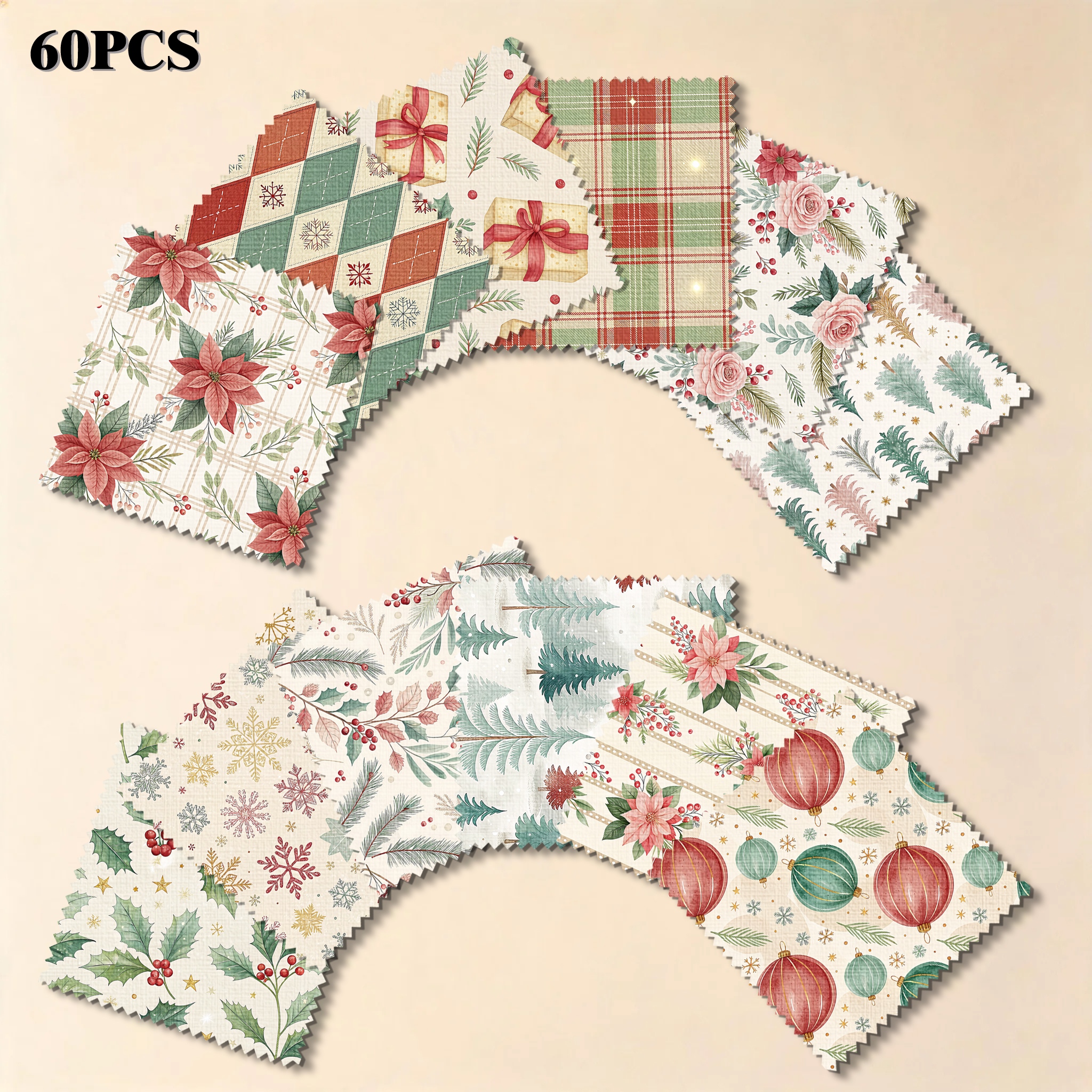 TEMU 60pcs 5-inch Pre-cut Serrated Edges Christmas Theme Printed Series With Floral Plaid Snowflakes Gift Christmas Tree Decoration Pattern