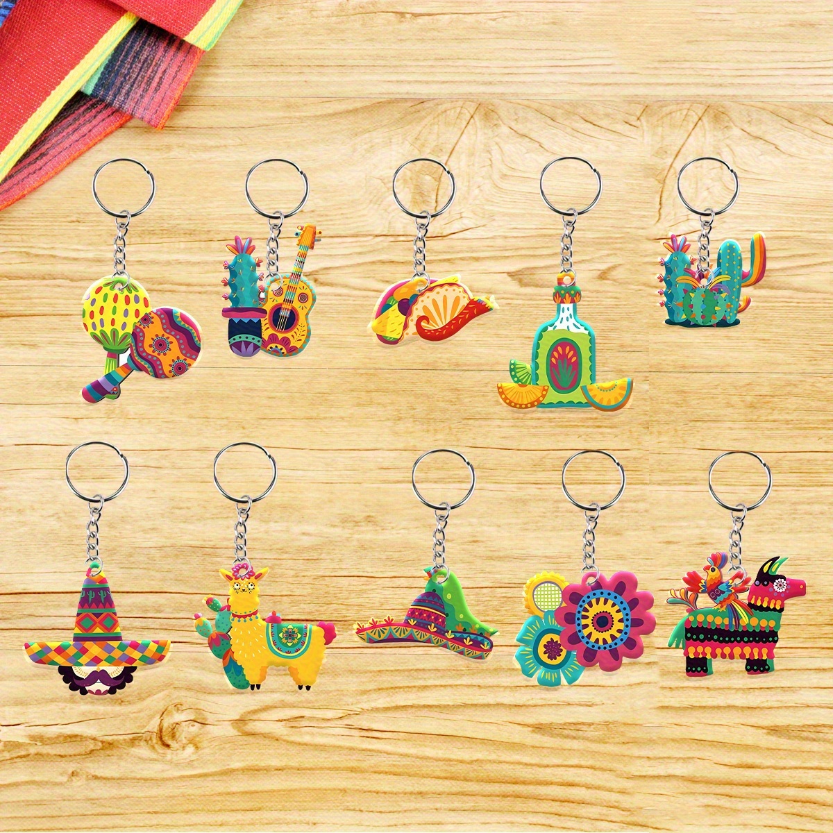 TEMU Plat 2D, Lot de 10 porte-clés mexicains plats 2D en acrylique colorés, incluant des breloques taco, boisson et cactus . Parfaitement adaptés